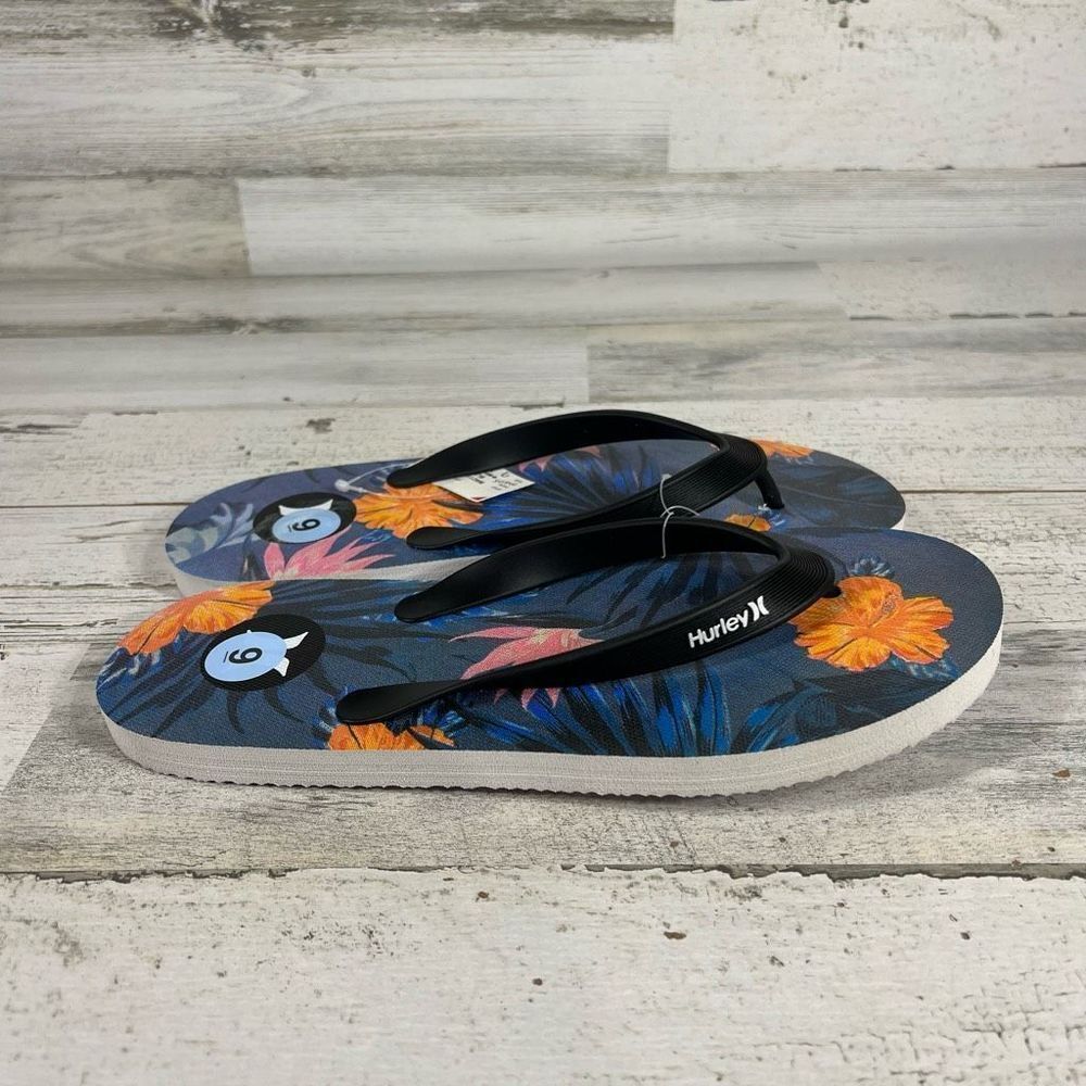 Hurley Mens Floral Flip Flops Sandals Summer‎ Beach Pool Theme Blue Size 9